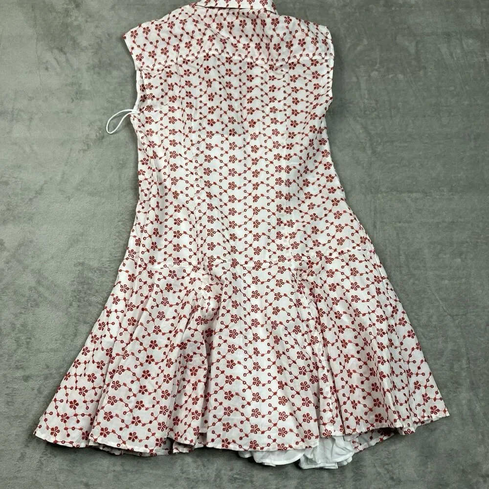 J Crew Eyelet Shirt Dress Womens 10 Red Mini Sleeveless Collared Feminine
